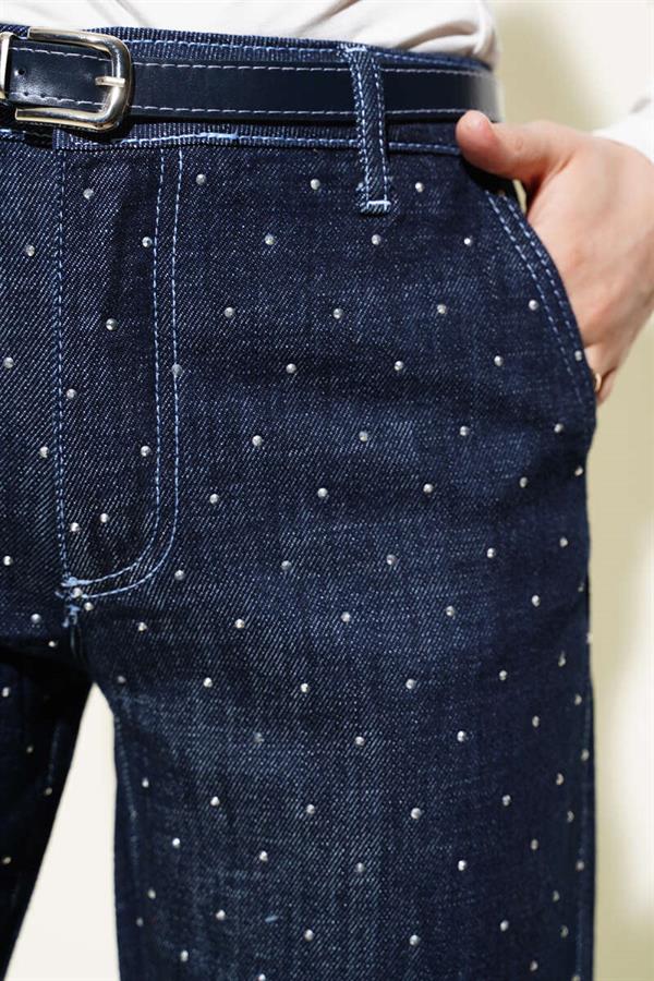 Belted Stone-Decorated Jeans Navy Blue
