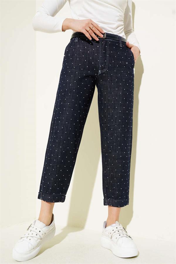 Belted Stone-Decorated Jeans Navy Blue