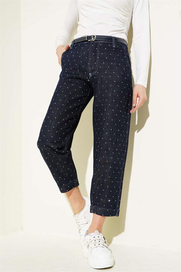 Belted Stone-Decorated Jeans Navy Blue