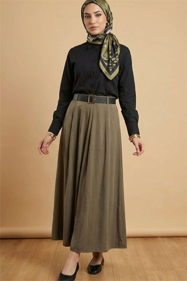 Belted Tencel Pleated Skirt, Khaki