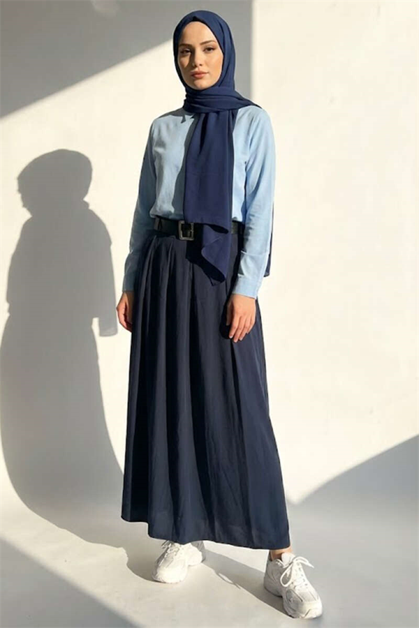 Belted Tencel Pleated Skirt Navy Blue