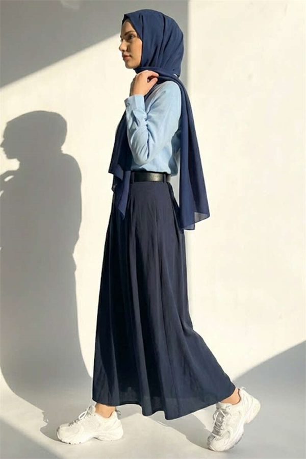 Belted Tencel Pleated Skirt Navy Blue
