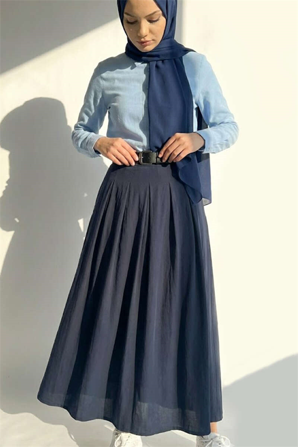 Belted Tencel Pleated Skirt Navy Blue
