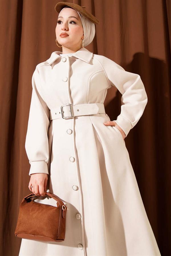Belted Long Cashmere Coat, Ecru