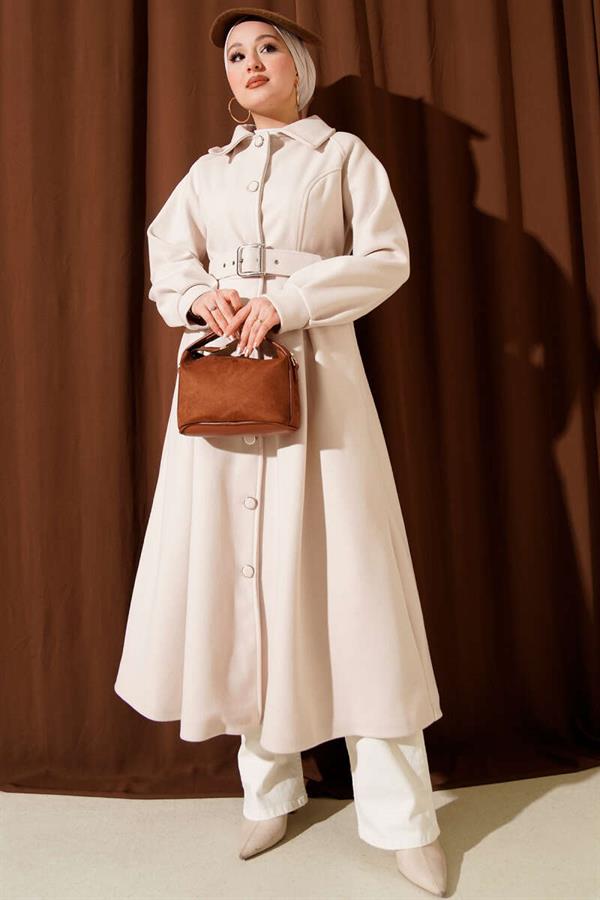 Belted Long Cashmere Coat, Ecru