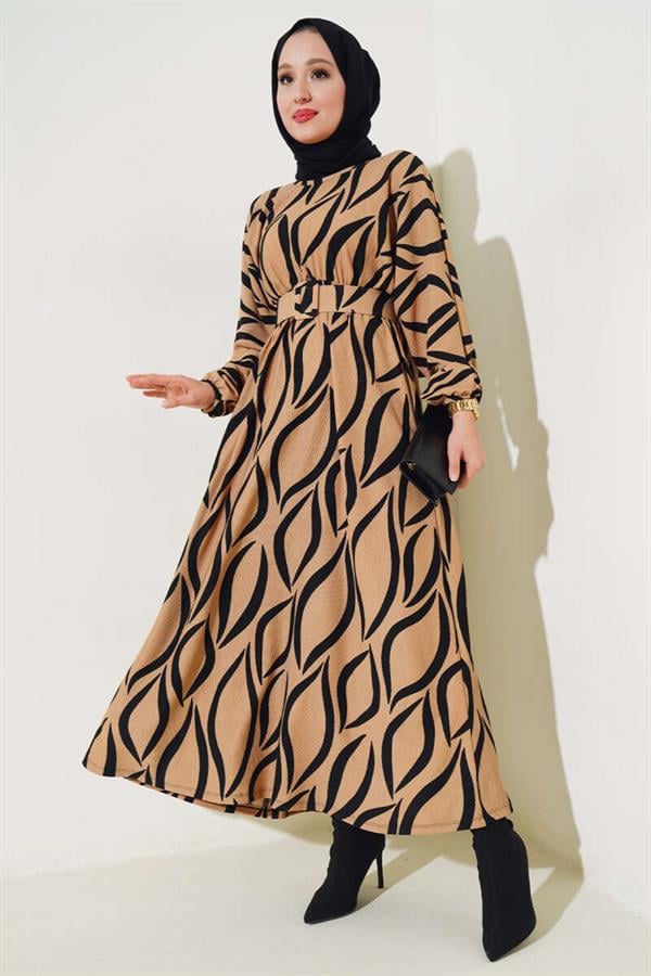 Belted Batwing Sleeve Belted Dress Camel