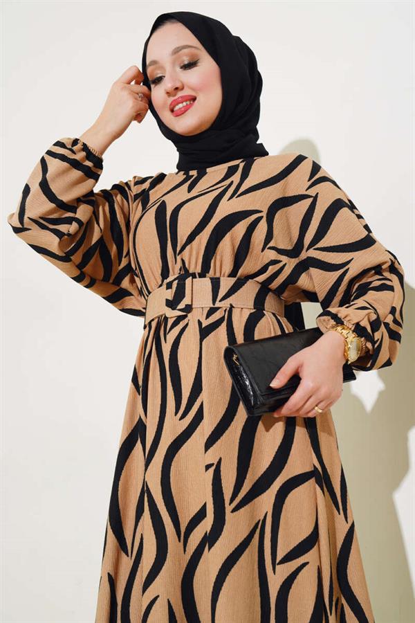 Belted Batwing Sleeve Belted Dress Camel
