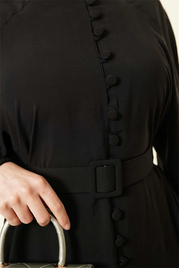 Belted Half-Brit Buttoned Modal Dress Black