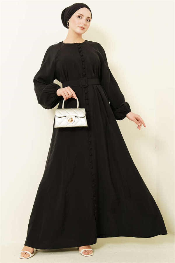 Belted Half-Brit Buttoned Modal Dress Black
