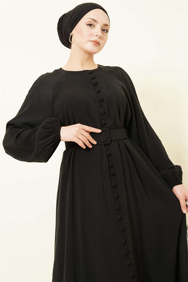 Belted Half-Brit Buttoned Modal Dress Black