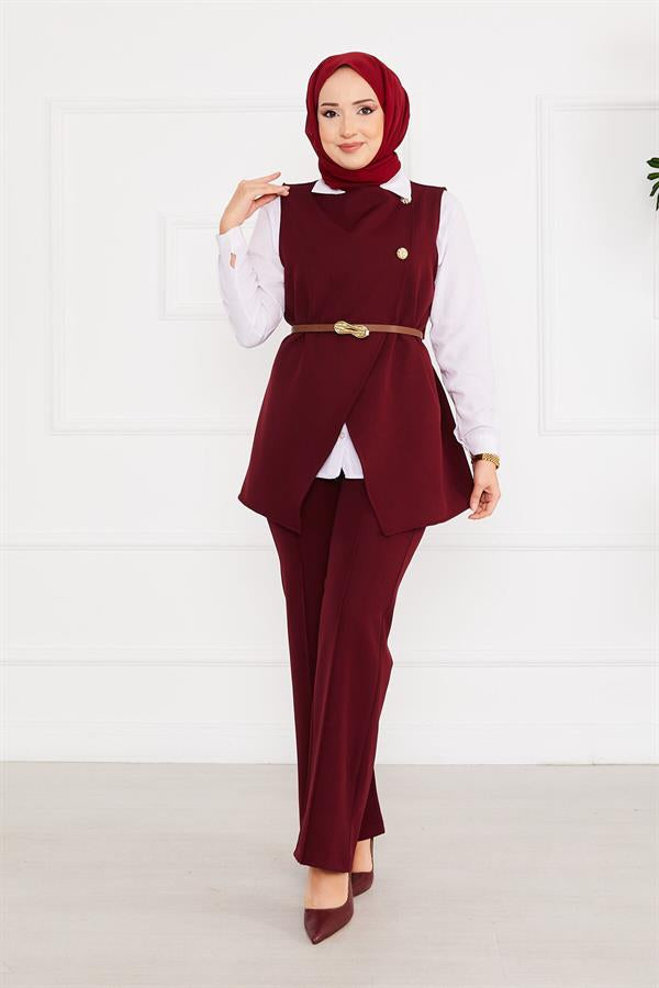 Belted Vested Hijab 2 Piece Set Claret Red
