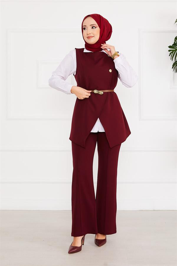 Belted Vested Hijab 2 Piece Set Claret Red