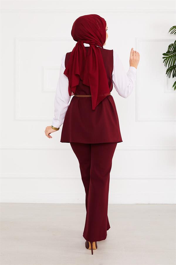 Belted Vested Hijab 2 Piece Set Claret Red