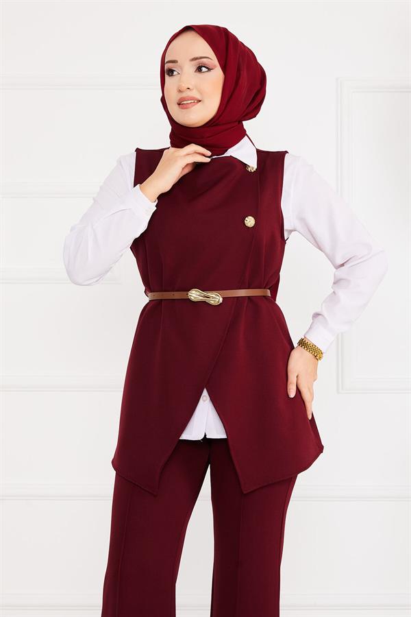 Belted Vested Hijab 2 Piece Set Claret Red