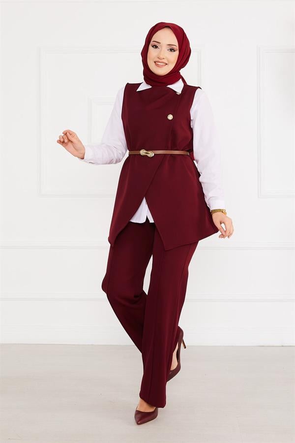 Belted Vested Hijab 2 Piece Set Claret Red
