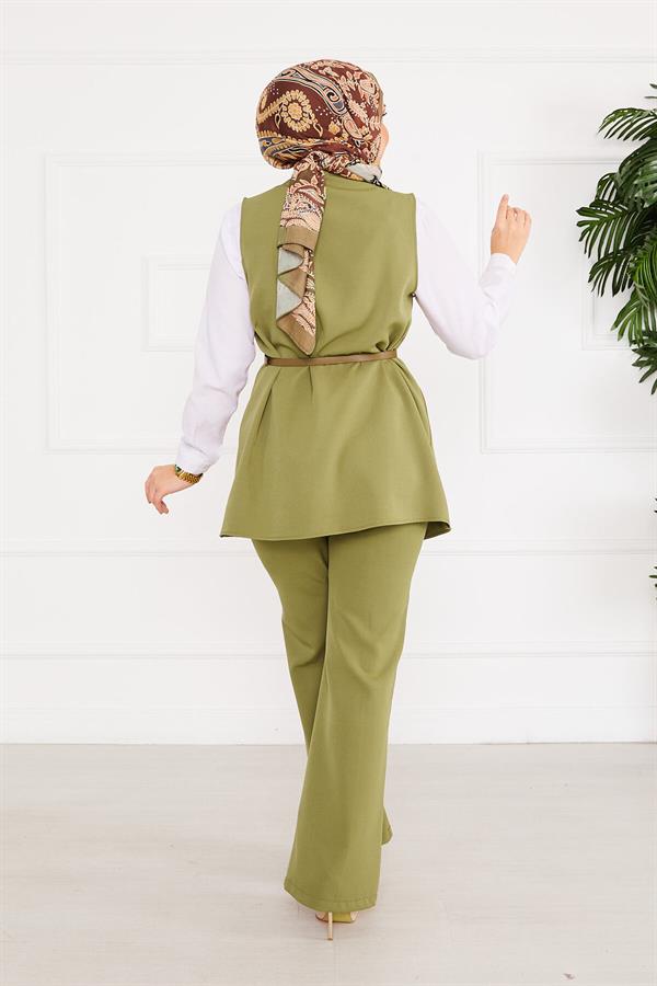 Belted Vest Hijab 2 Piece Set Khaki