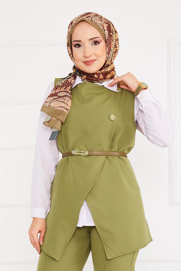 Belted Vest Hijab 2 Piece Set Khaki