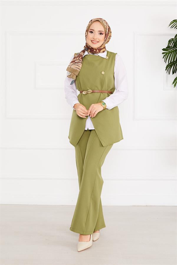 Belted Vest Hijab 2 Piece Set Khaki