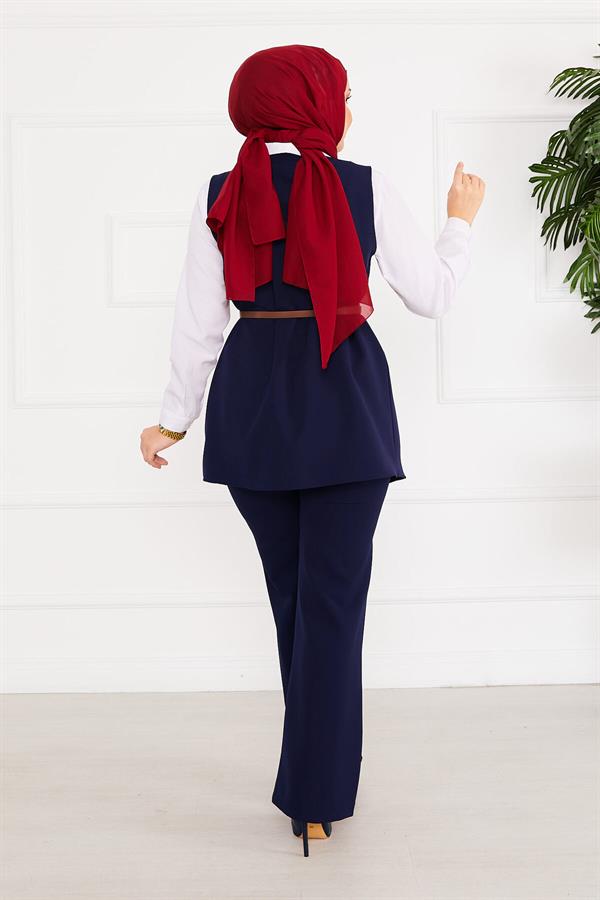 Belted Vested Hijab 2 Piece Set Navy Blue