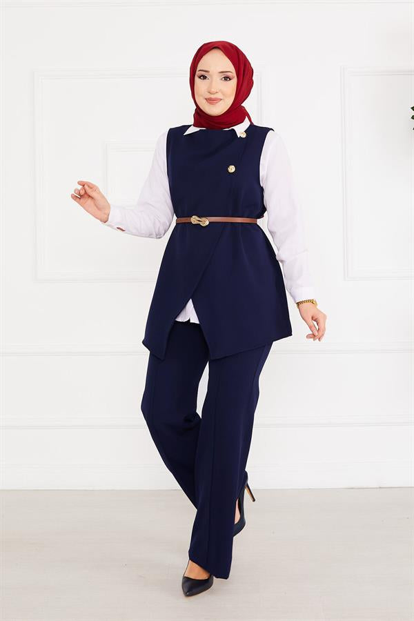 Belted Vested Hijab 2 Piece Set Navy Blue