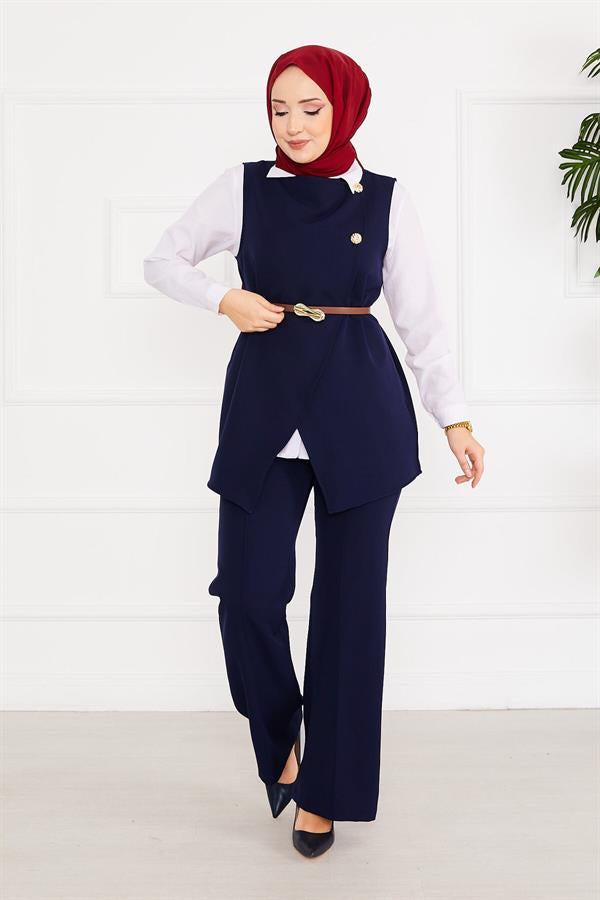 Belted Vested Hijab 2 Piece Set Navy Blue