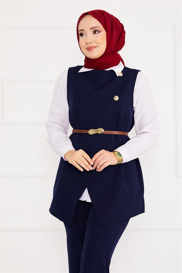 Belted Vested Hijab 2 Piece Set Navy Blue