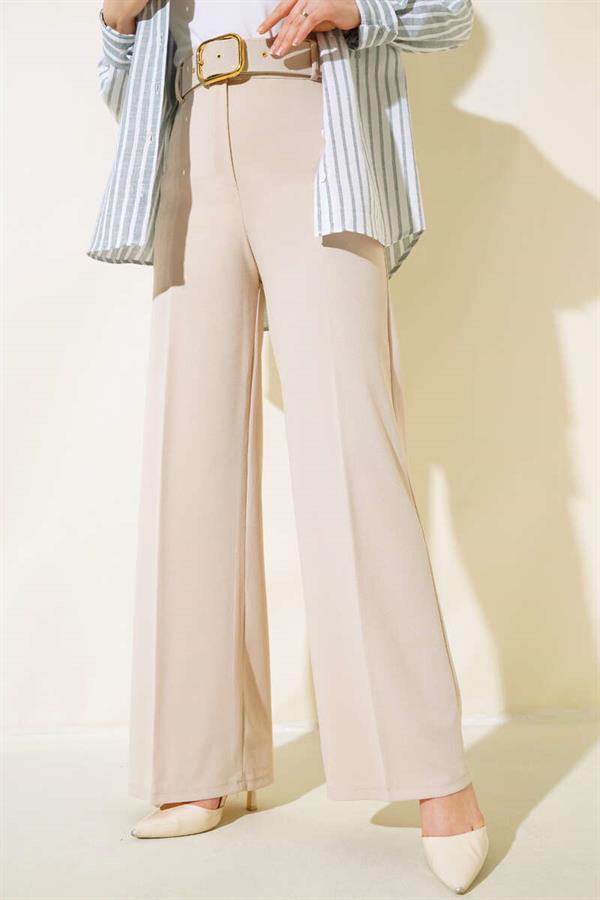 Belted High Waist Wide Leg Beige Trousers