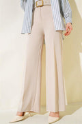 Belted High Waist Wide Leg Beige Trousers