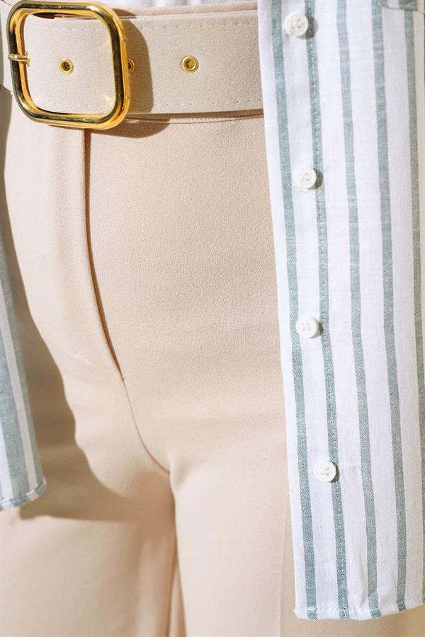 Belted High Waist Wide Leg Beige Trousers
