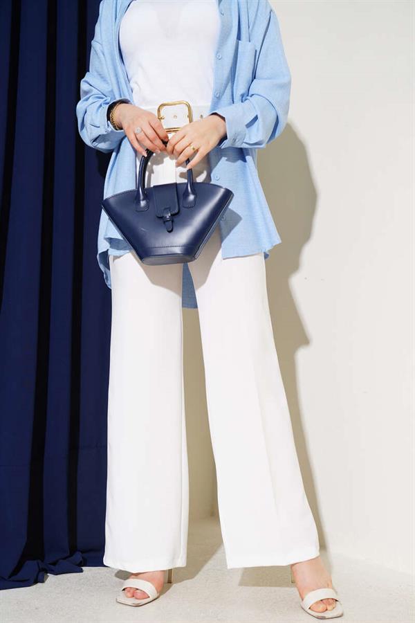 Belted High Waist Wide Leg White Trousers
