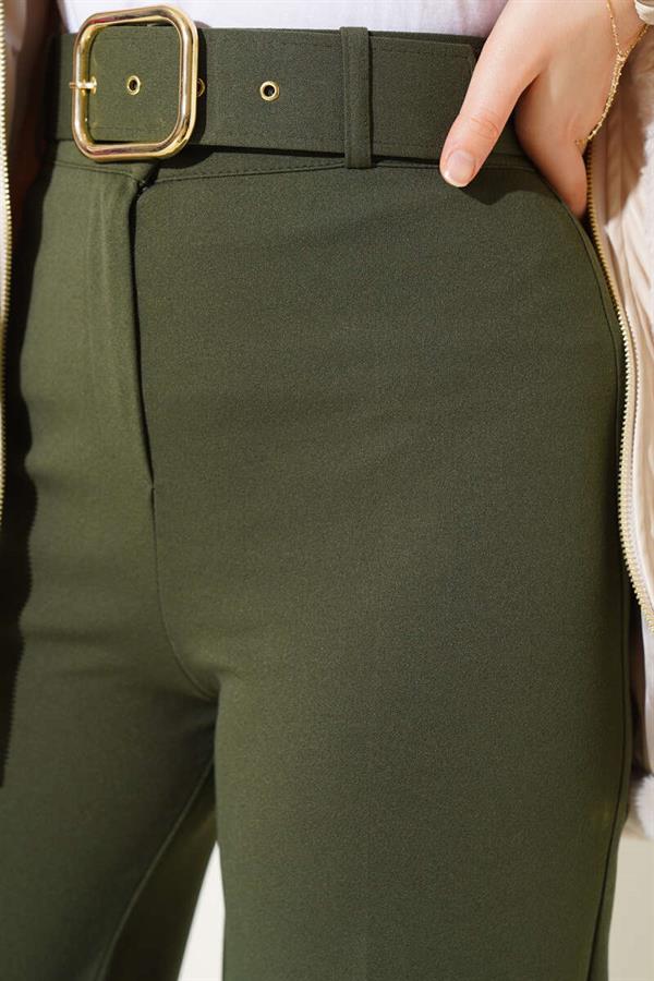 Belted High Waist Wide Leg Khaki Trousers