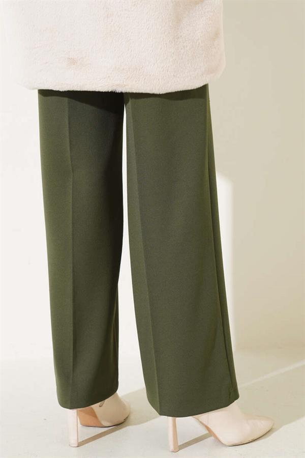 Belted High Waist Wide Leg Khaki Trousers