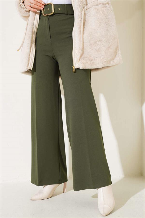 Belted High Waist Wide Leg Khaki Trousers