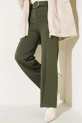 Belted High Waist Wide Leg Khaki Trousers