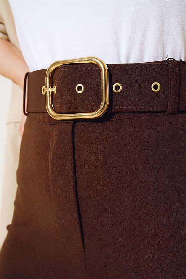 Belted High Waist Wide Leg Brown Trousers