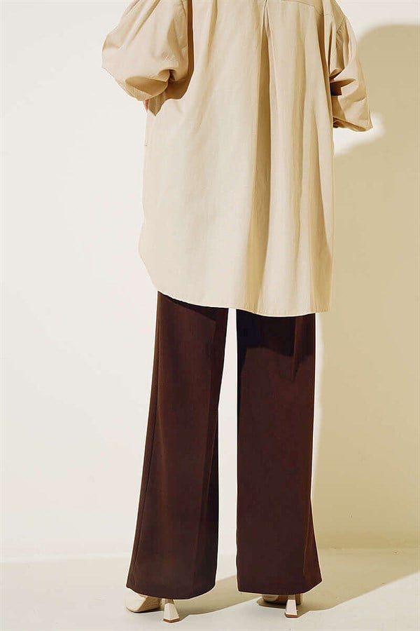 Belted High Waist Wide Leg Brown Trousers