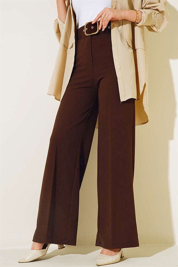 Belted High Waist Wide Leg Brown Trousers