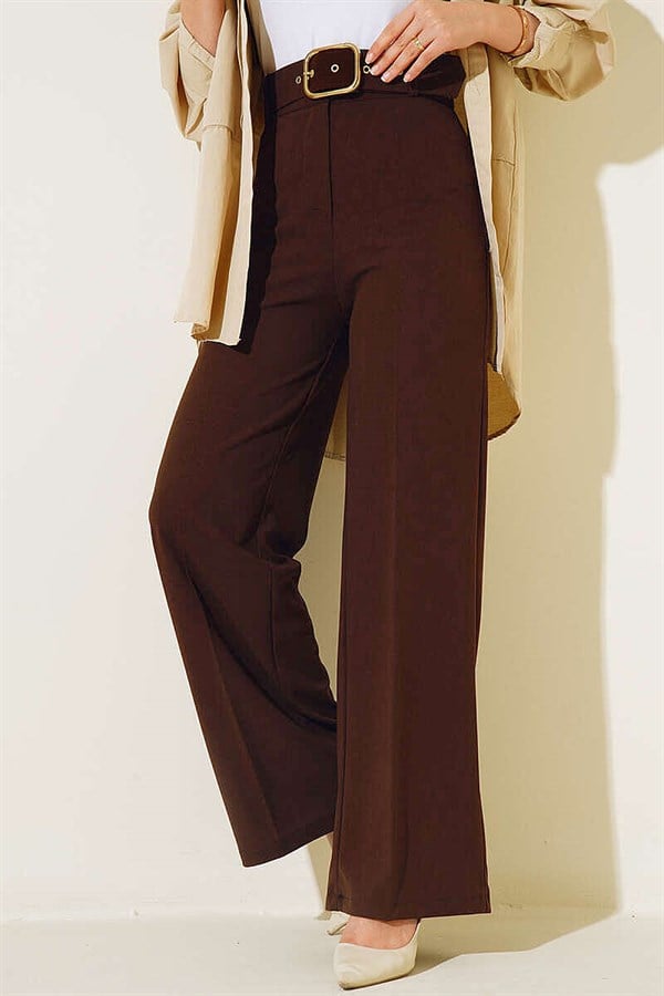Belted High Waist Wide Leg Brown Trousers