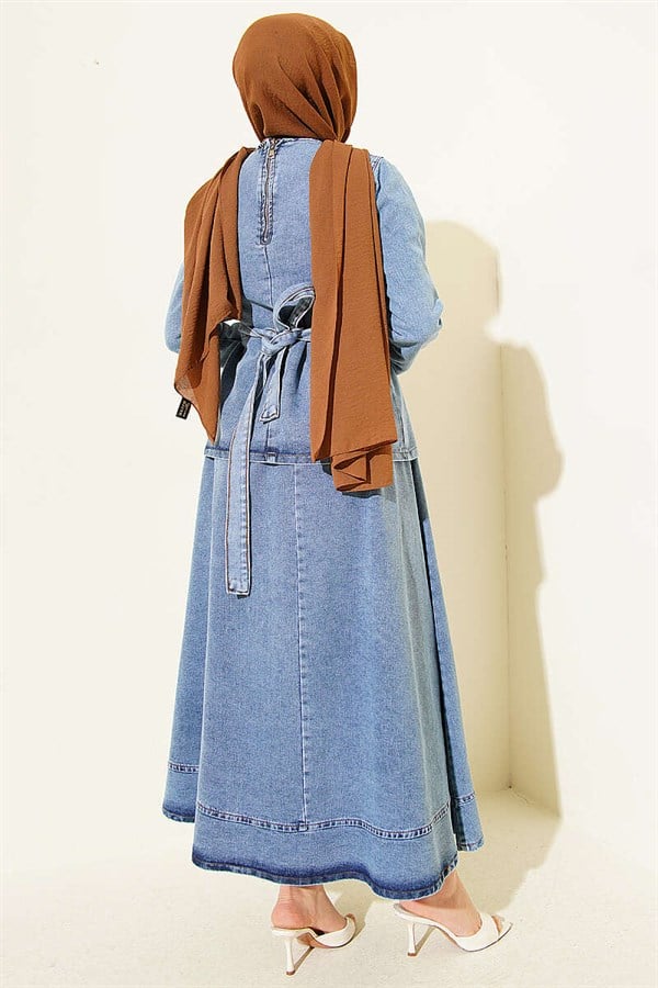 Denim Set with Belt, Skirt and Blouse, Light Blue