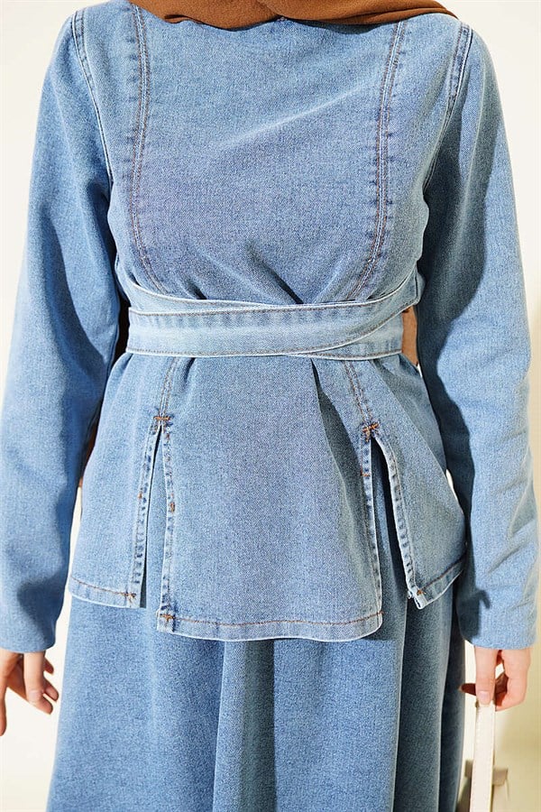 Denim Set with Belt, Skirt and Blouse, Light Blue