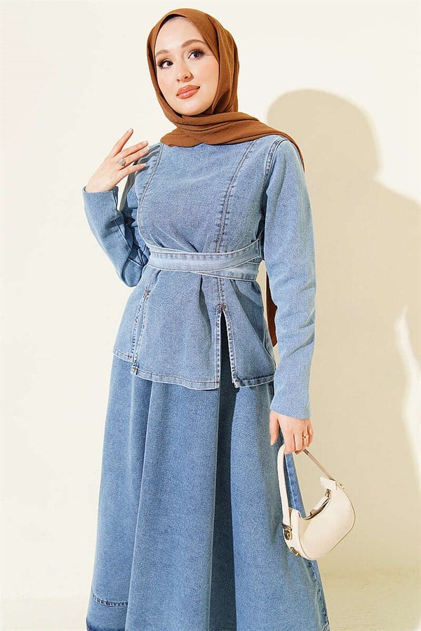 Denim Set with Belt, Skirt and Blouse, Light Blue