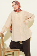 Self-patterned floral shirt, beige.