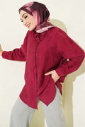 Self-patterned floral shirt, burgundy.