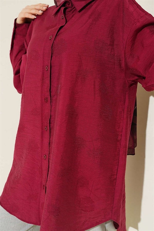 Self-patterned floral shirt, burgundy.