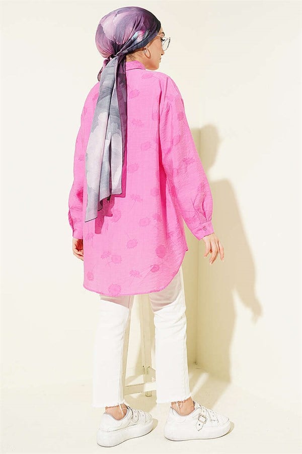 Pink Shirt with Self-Patterned Floral Design