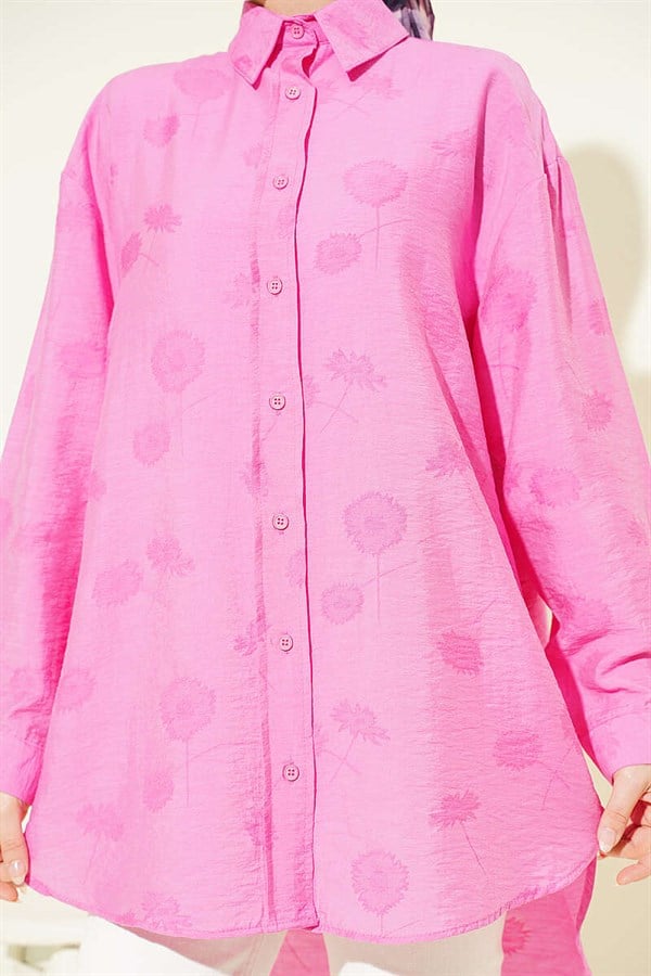 Pink Shirt with Self-Patterned Floral Design