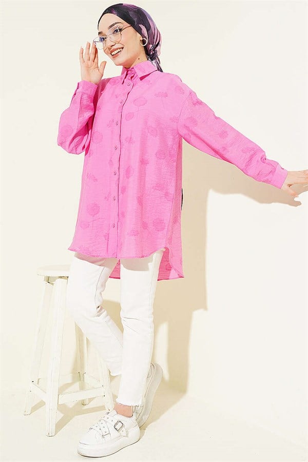 Pink Shirt with Self-Patterned Floral Design