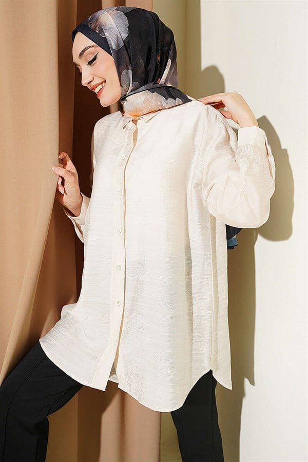 Self-patterned floral shirt in stone.