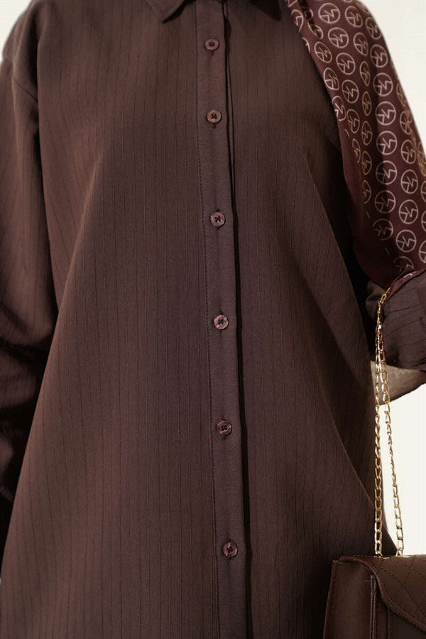 Self-Striped Shirt 2 Piece Set in Coffee