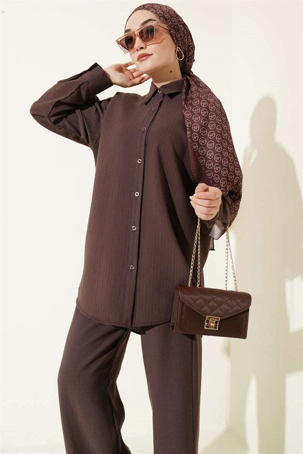 Self-Striped Shirt 2 Piece Set in Coffee